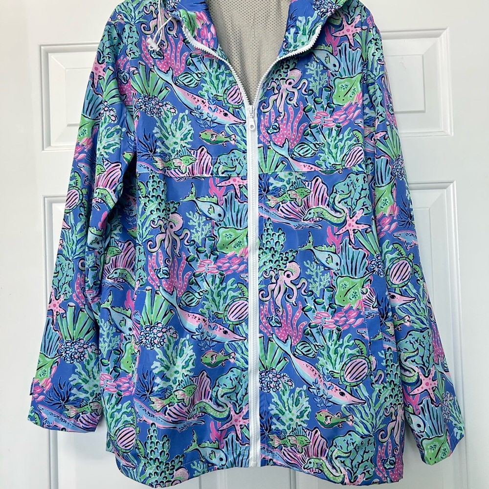 Vibrant Ocean Life Print Windbreaker Southern Coastal Magic Full Zip Jacket L/XL